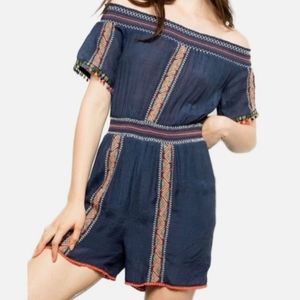 Anthropologie THML Romper Embroidered Off the Shoulder Poms Large Coverup